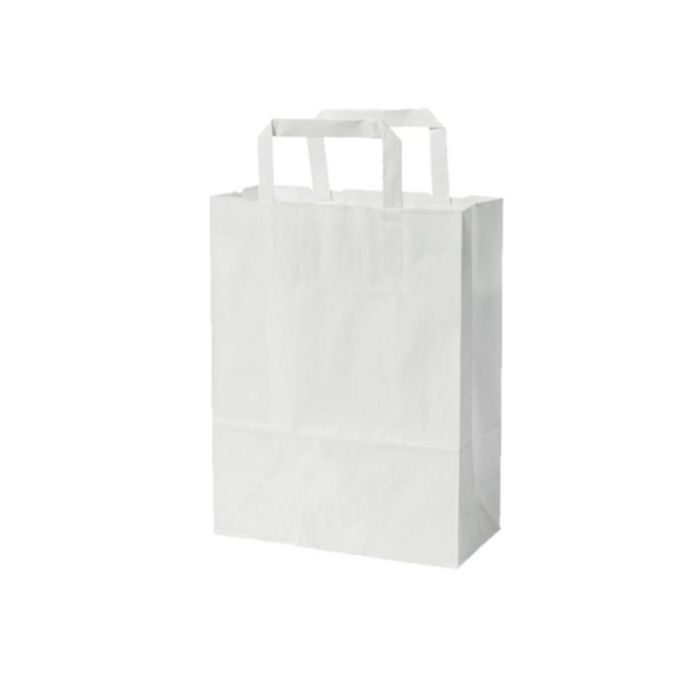 Flat Handle Paper White Bags 18x8x22 (Χάρτινη Τσάντα Λευκή με Πλακέ Χεράκι, Πιέτα  & Πάτο)