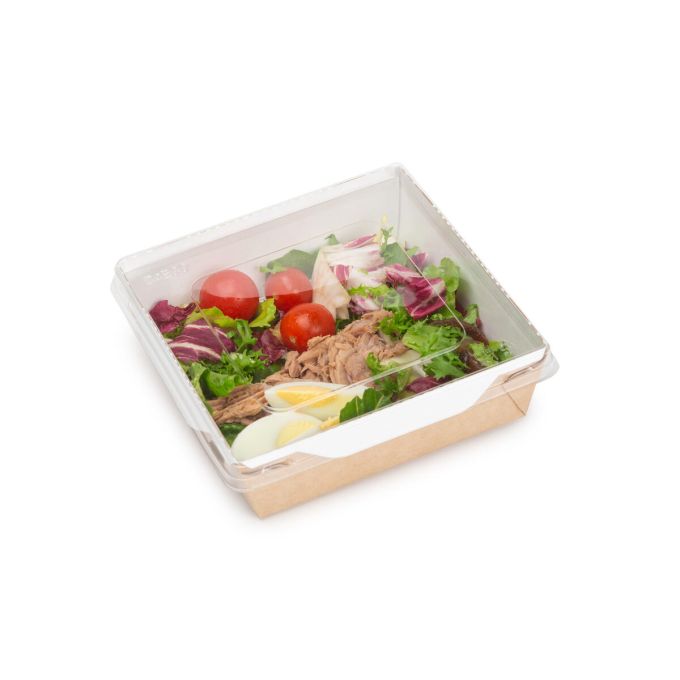 Opsalad Box 1200 with Transparent Flat Pet Lid (Χάρτινο σκεύος Kraft με διάφανο καπάκι Pet ίσιο)