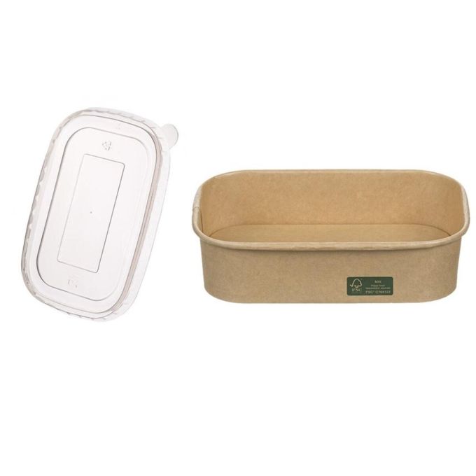 Rectangular 500 Lunch Box Economy with Flat Pet Lid (Παραλληλόγραμμο Χάρτινο Σκεύος Kraft με καπάκι Pet ίσιο)