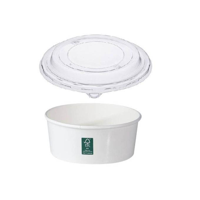 Rcont 750 White Salad Box Double PE & Transparent Flat Pet Lid (Χάρτινο σκεύος Λευκό στρογγυλό με διπλή πλαστικοποίηση & διάφανο καπάκι Pet ίσιο)